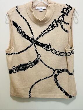 St. John Beige Sleeveless Knit Shell with Black Chain Motif